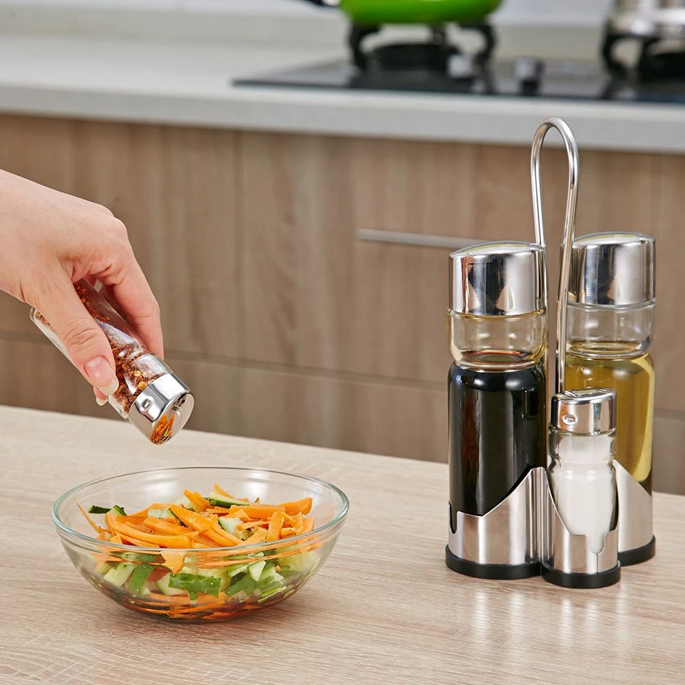 Seasoning Bottle Set Condiment Holder Seasoning Rack Four-in-One Shakers Glass Cruet Set with Caddy Stand Stainless Steel Tops