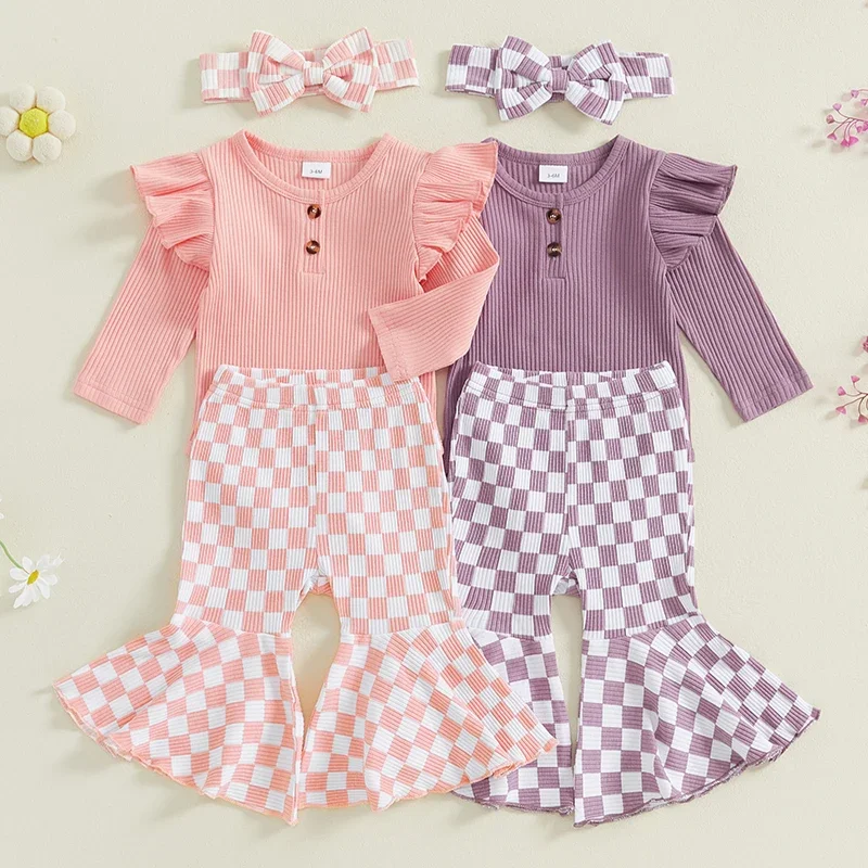 

3Pcs Newborn Baby Girls Clothes Infant Autumn Set Solid Color Long Sleeve Romper Checkerboard Flare Pants Headband Outfits Suit