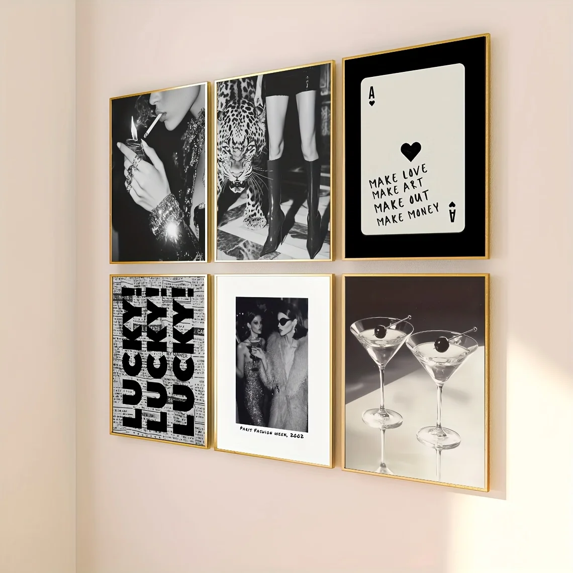 6pcs Black White Leopard Cocktail Food Canvas Print Y2K Inspired Playing Card Wall Art Poster for Modern Living Room Home Decor