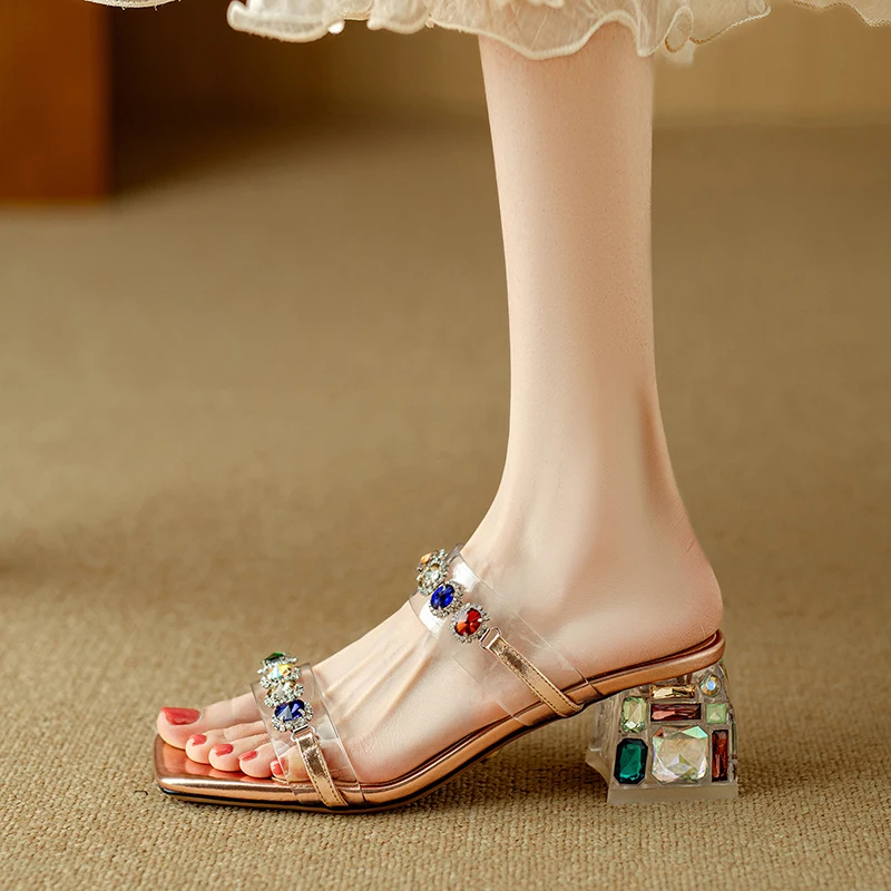 2026new summer women sandals natural leather plus size 22-25.5cm pvc+cowhide+sheepskin line-tied mules rhinestone women slippers