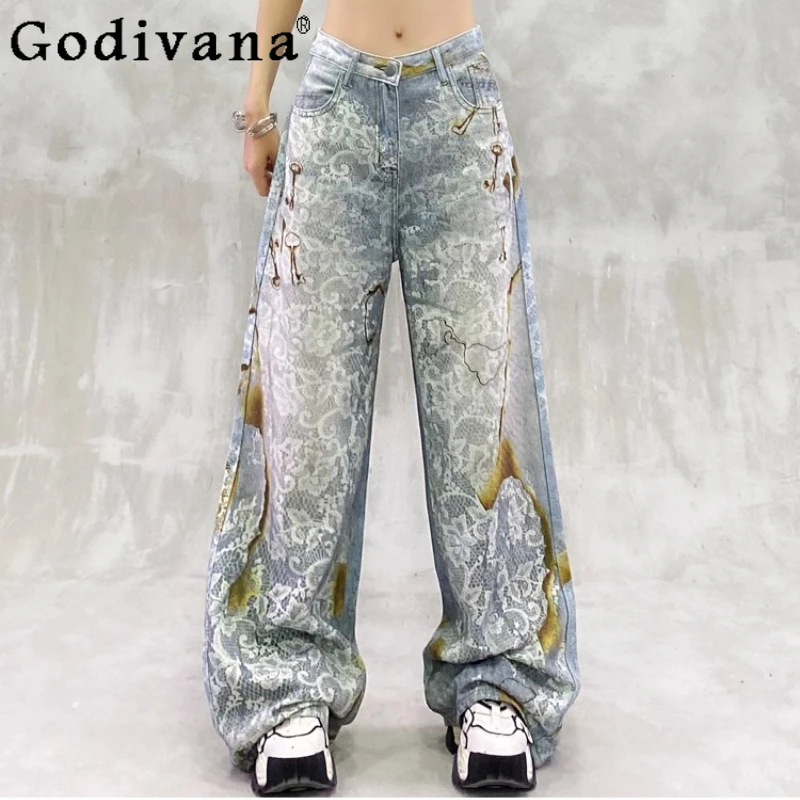 

Personalized Digital Print Women's Summer High Waist Loose Leisure Long Jeans Light Blue Versatile Fashion Street Wide-leg Pants