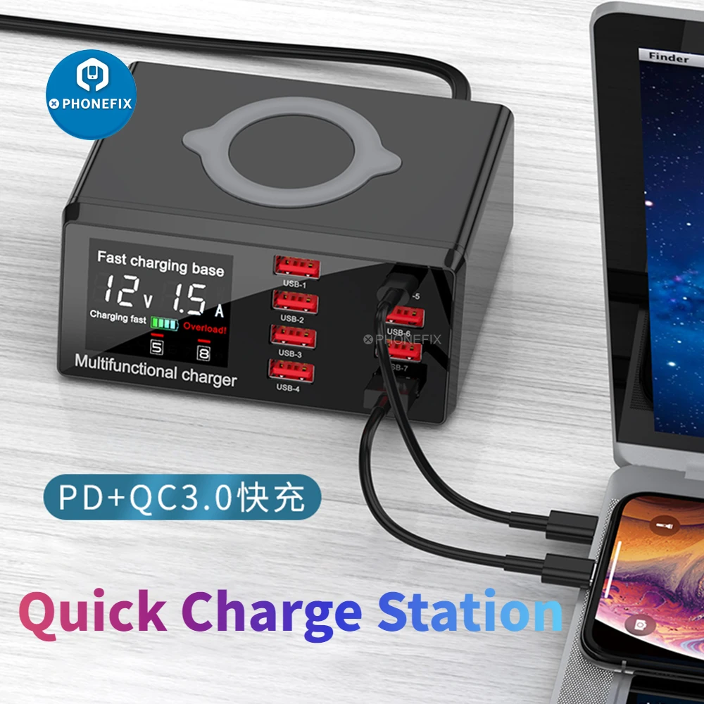 

100 Вт, 8 портов, USB-зарядное устройство, адаптер Quick Charge 3.0 HUB, беспроводное зарядное устройство, зарядная станция PD, быстрое зарядное устройство для мобильного устройства IPhone