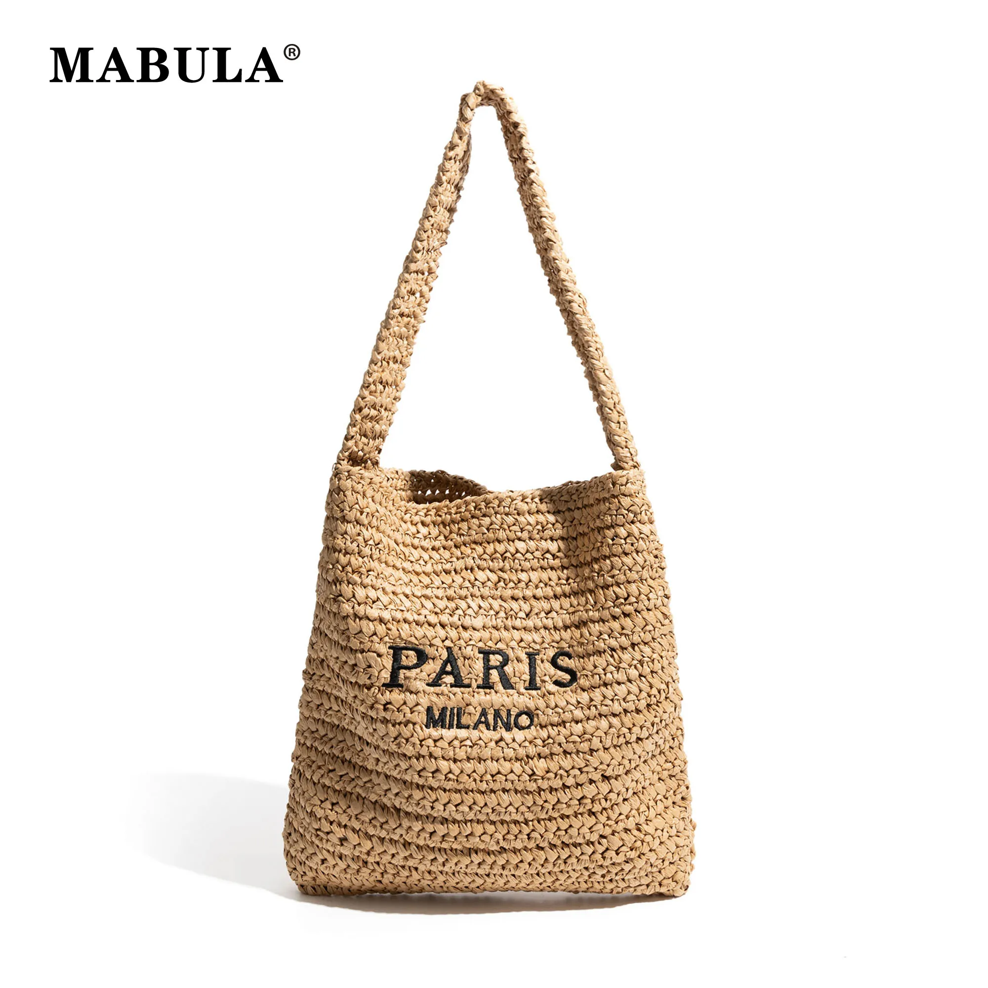 MABULA Brand Beach Shoulder Bag for 2024 Summer Women\'s Straw Hobo Travel Purse Letter Big Girl Tote Handbag