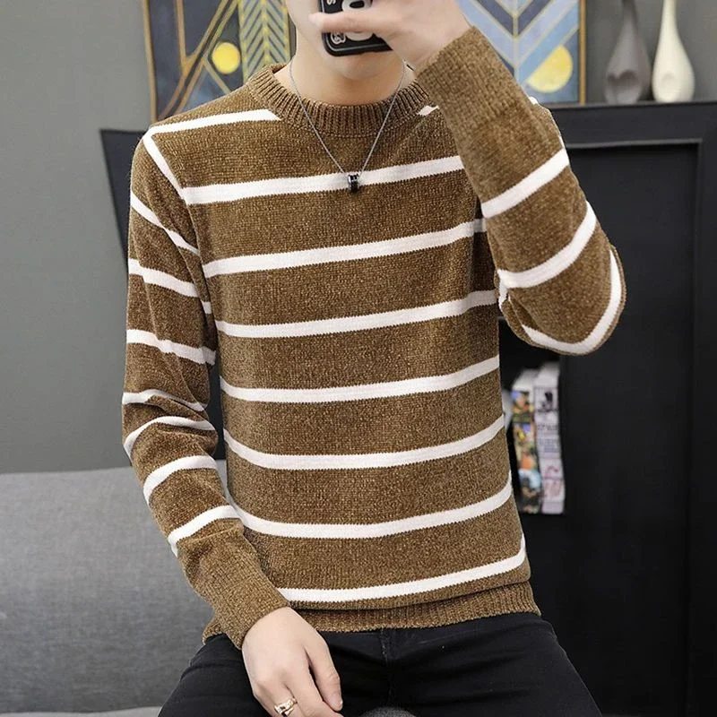 

2023 Autumn Winter Fashion Round Neck Long Sleeve Contrast Color Striped Sweater Men High Street Loose Casual All-match Y2K Tops