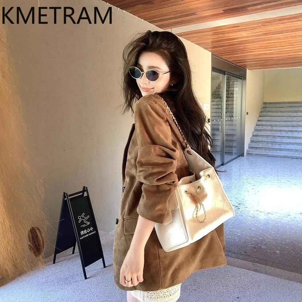 KMETRAM Genuine Suede Sheepskin Leather Jacket Woman Old Money Style Suit Coat Autumn Mid-Length Jackets 2026 Women Clothes 가죽자켓
