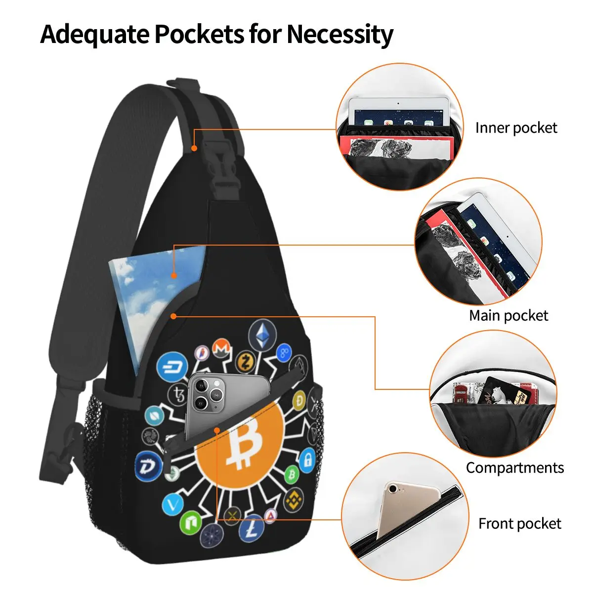 Bitcoin Blockchain Crypto Small Sling Bag Chest Crossbody Shoulder Backpack Outdoor Sport Daypacks Cryptocurrency Casual Satchel