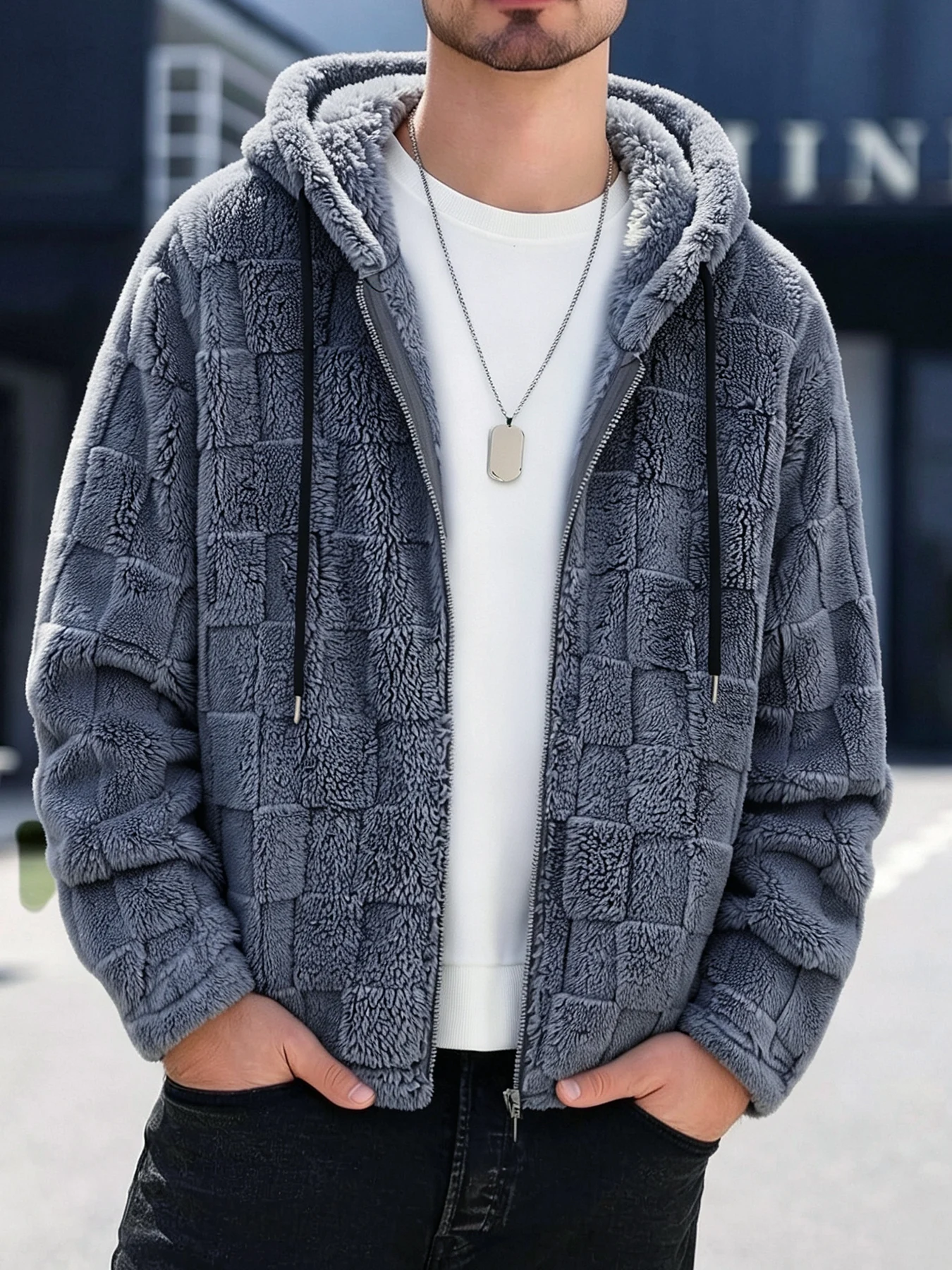 Men's Autumn and Winter Square Jacquard Lambswool Hooded Jacket, Gray Zip-Up Drawstring Plush Coat, Loose and Comfortable for Commuting, Home Wear, and Cold Protection