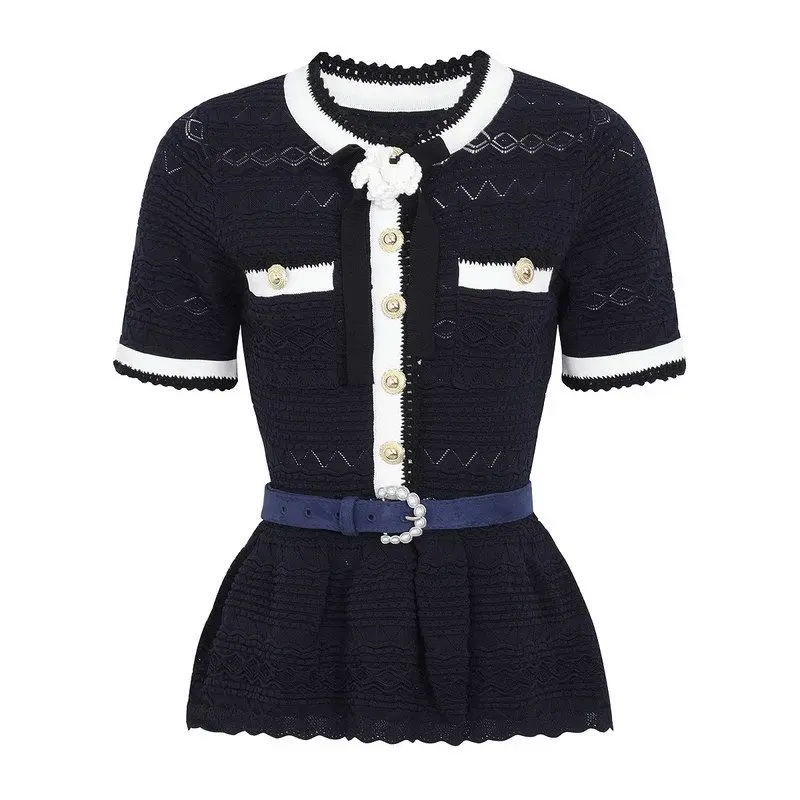 Elegant Pearl Detail Slim Fit Short Sleeve T-Shirt Knitted Summer New Style Women's Fashion Classic Top Quality Yarn Fiber