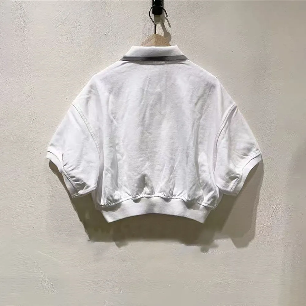 2026 Summer New Solid Color Polo Shirt Women Lapel Drop Shoulder Preppy Style Short Sleeve Cropped T-shirt Tops