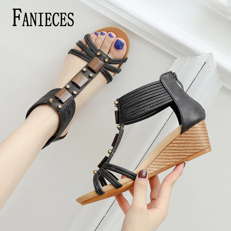 

FANIECES Plus Size 35-43 5cm Wedge Sandals Summer Beading Boho Platform Roman Gladiator Shoes Beach Casual High Heel Sandalias