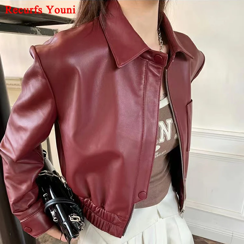 European 2023 New Fashion Short Leather Jacket For Women 2023 Casual Elastic Band Waist Top Clothing Mujer Varsity Claret Veste