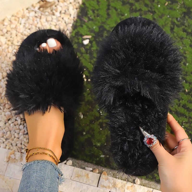 New Autumn Winter Women Fashion Faux Fur Slippers Solid Color Comfort Indoor Home Slippers Woman Lightweight Warm Fluffy Slides - Image 5