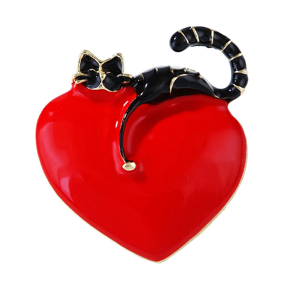 Fashion Enamel Cartoon Cat Lying Heart Brooches For Women Men Alloy Cute Love Kitten Animal Brooch Pin Casual Party Jewelry Gift