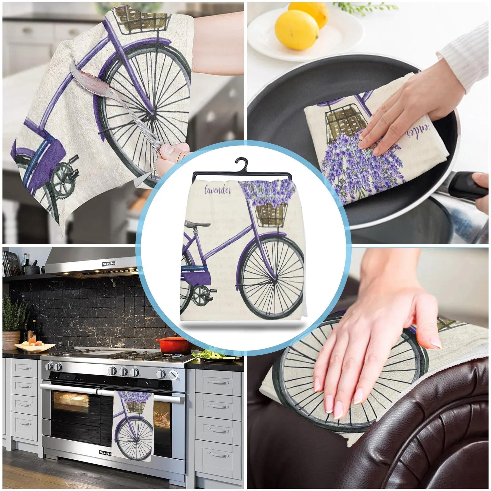 Farm Purple Fresh Flower Lavender Bicycle Printed Tea Hand Towel Kitchen Dishcloth Water Absorption Household Cleaning Cloth