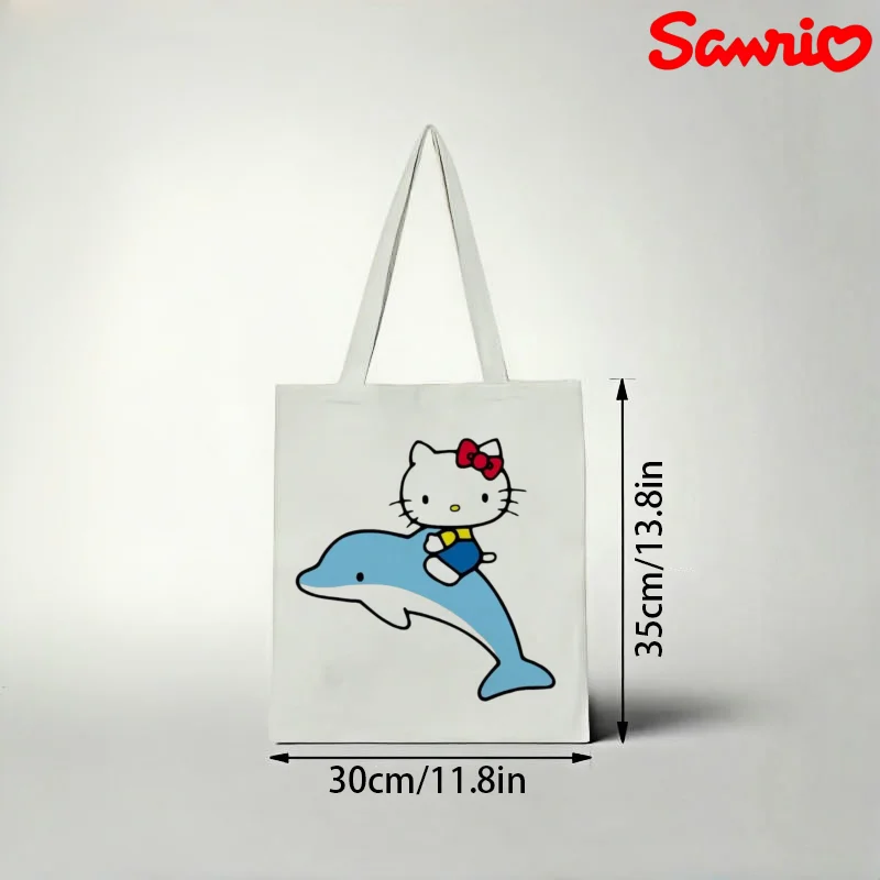 

1pc Sanrio Hello Kitty Canvas Tote Bag, Cute Dolphin‑Riding Print Eco Shoulder Bag