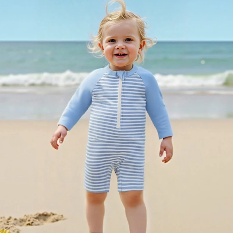 

Toddler Boy Rash Guard Swimsuit with Hat Striped Pattern Zip Up Long Sleeve Crew Neck Baby Boy 2 Pieces Swimwears