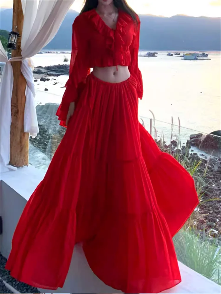 

New 2026 Tailand Summer Holiday Beach Red Long Dress 2 Pieces Flare Sleeve Ruffles Short Shirt&High Waist Maxi Swing Skirt Sets