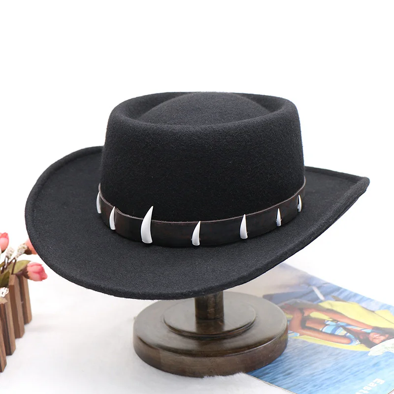 Vintage Wool Felt Wide Brim Fedora Hat Flat Top with Leather Belt &Faux Tooth Spikes Fall Winter Western Dress Hat for Men Women