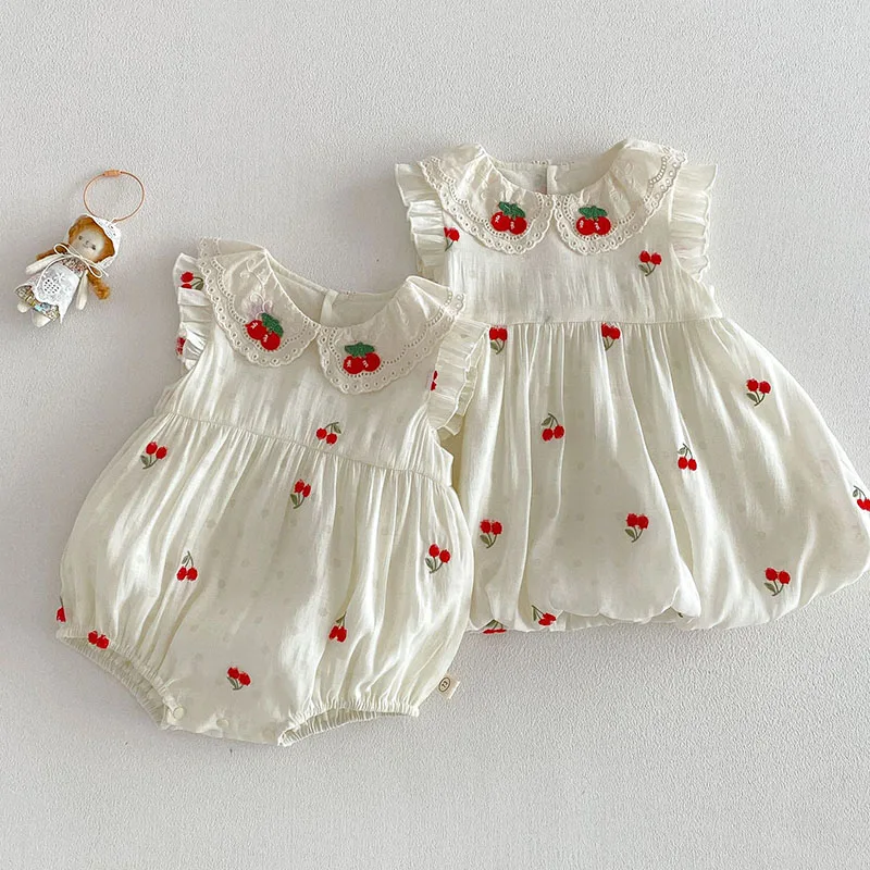 2026 Summer Baby Dress 9M-4T Sweet Cartoon Cherry Baby Girls Sleeveless Dress Loose Thin Children Lace Clothes