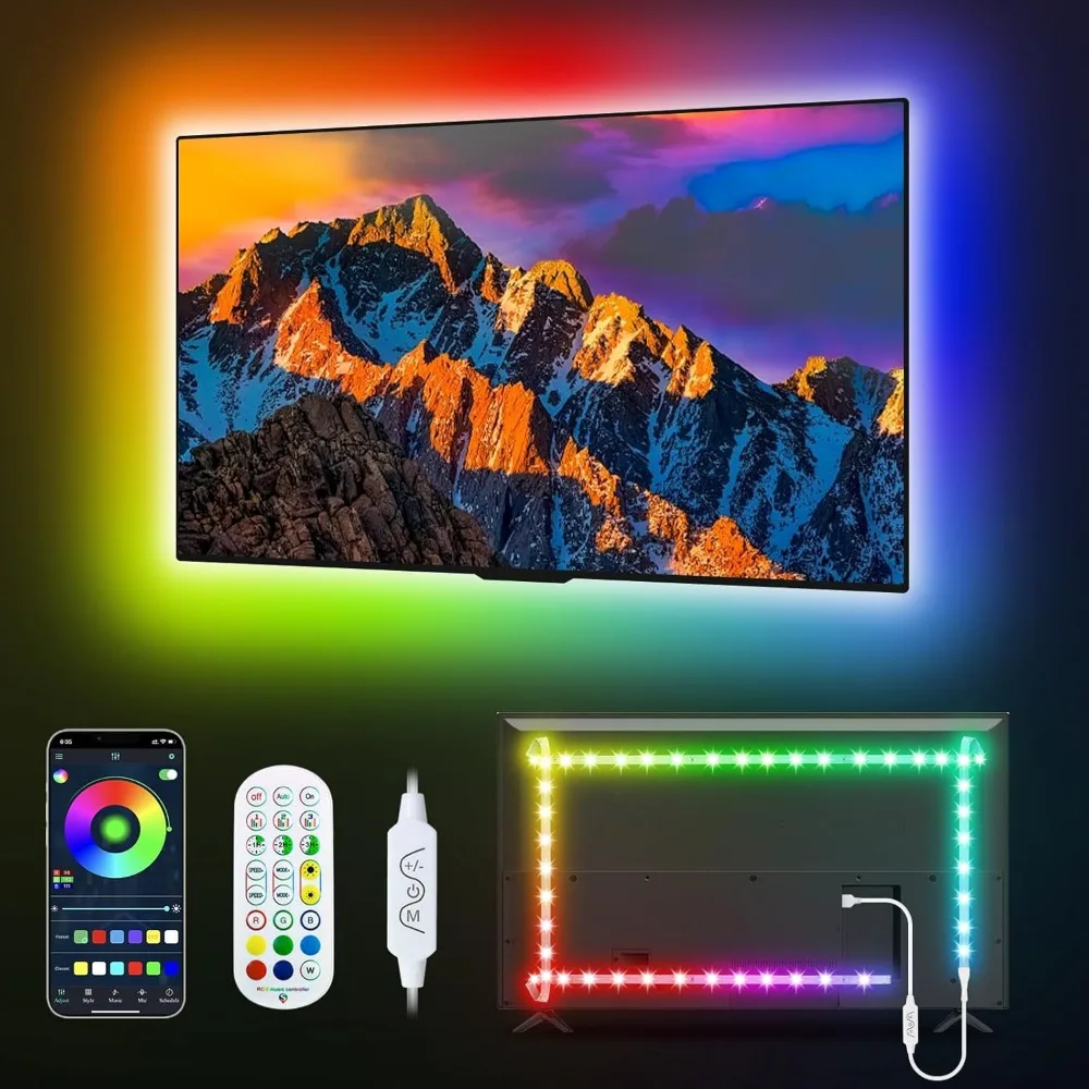 Daymeet Luces LED para TV, retroiluminación LED de TV de 9,8 pies detrás de las luces para tira de luz LED USB de 32-60 pulgadas que brilla RGBICW que cambia de color Syn