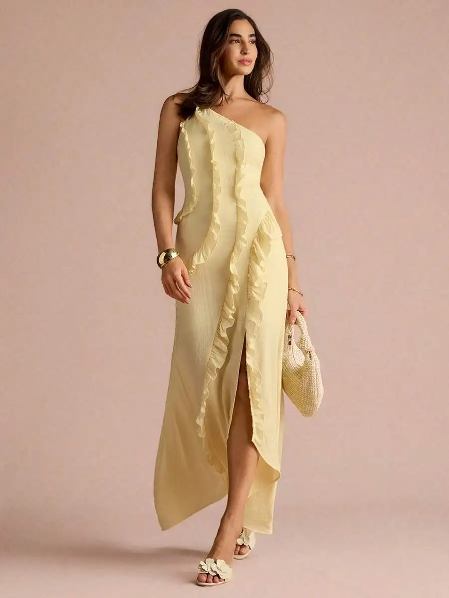 

Yellow Solid Asymmetric Ruffle Dress For Women Summer Casual Beach Party Elegant Outfit
