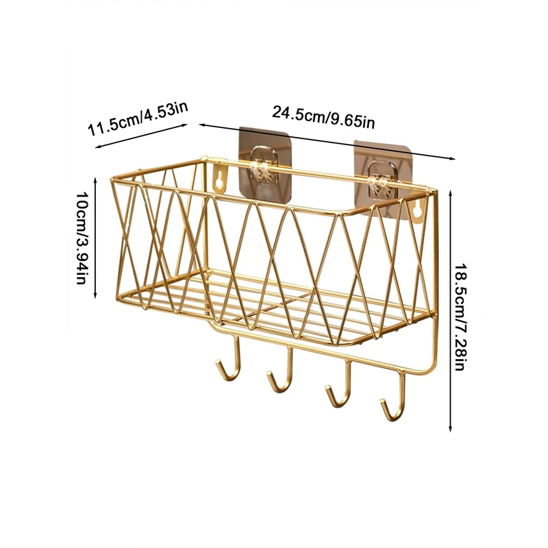 Shower Shelf Organizer Rack Bathroom Shelf No Drill Wall-Mounted Golden Iron Toiletries Storage Rack with Hook for Shampoo Home