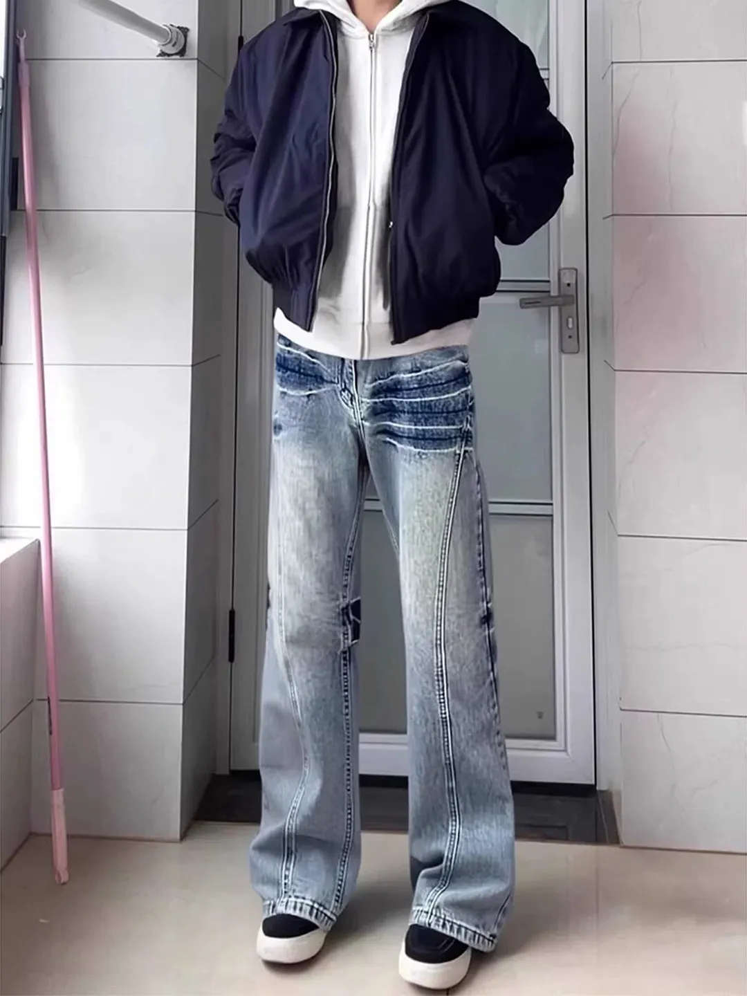 

Retro Blue Lightning Pattern Flared Men's Jeans Winter Slanted Cut Fce Lined American Vibe Straight Knife Pants