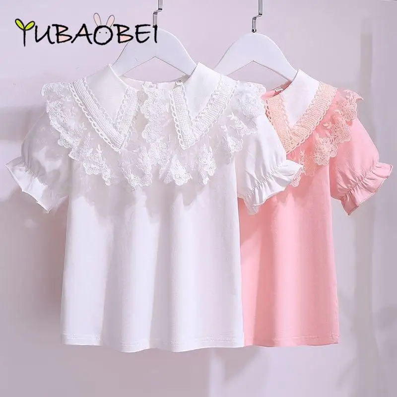 White Girls Short Sleeve T-Shirt Summer 2022 New Cotton Teen Kids Lace Lapel Blouse Cheildren School Clothes Tops 3-12 Y