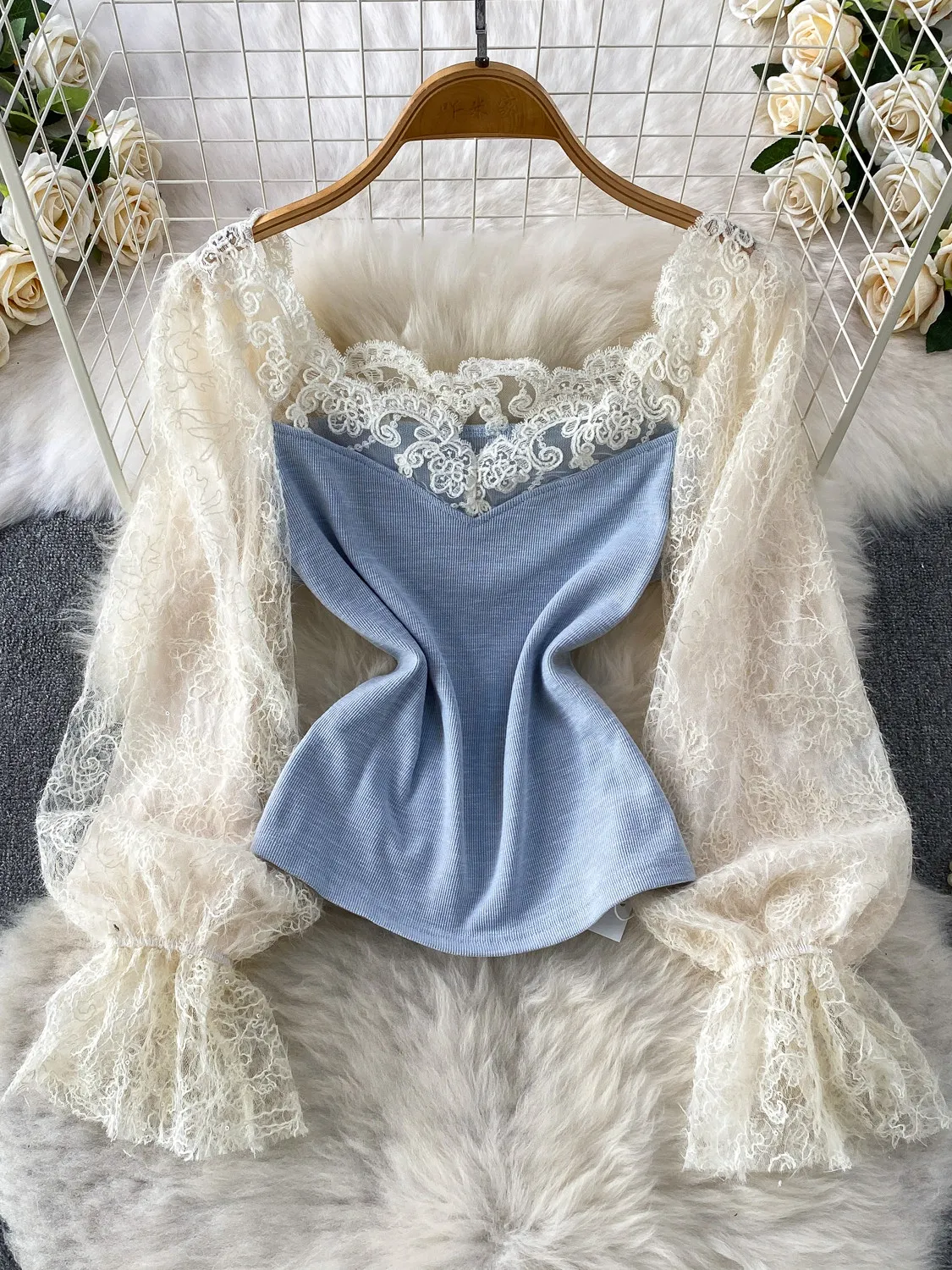 

Women's Blue Lace Patchwork Blouses and Shirts Vintage Elegant 2000s Long Sleeve Shirt For Women Clothes Spring Autumn 2026 New