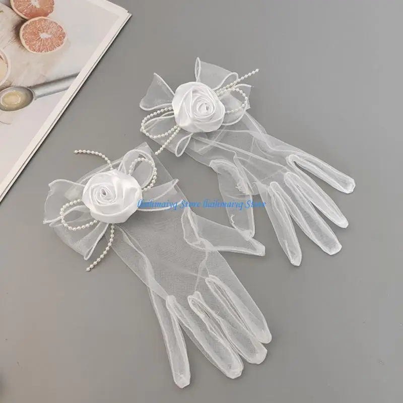 573B ファッションシアーフラワー & ちょう結び装飾手袋弾性ブライダルエチケットショートレース手袋夏シースルー白手袋