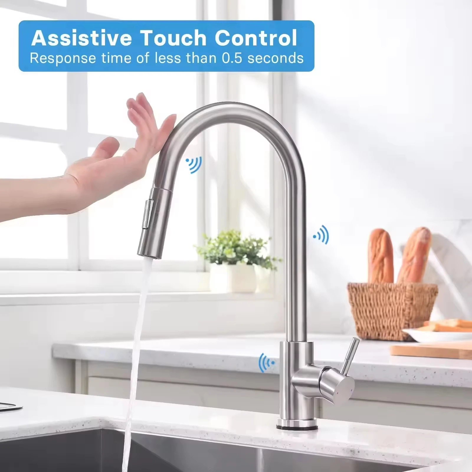 Роскошный SUS304 с одной ручкой, выдвижной умный сенсорный датчик для гурманов, кухонный смеситель, двусторонний водосберегающий смеситель для горячей и холодной воды