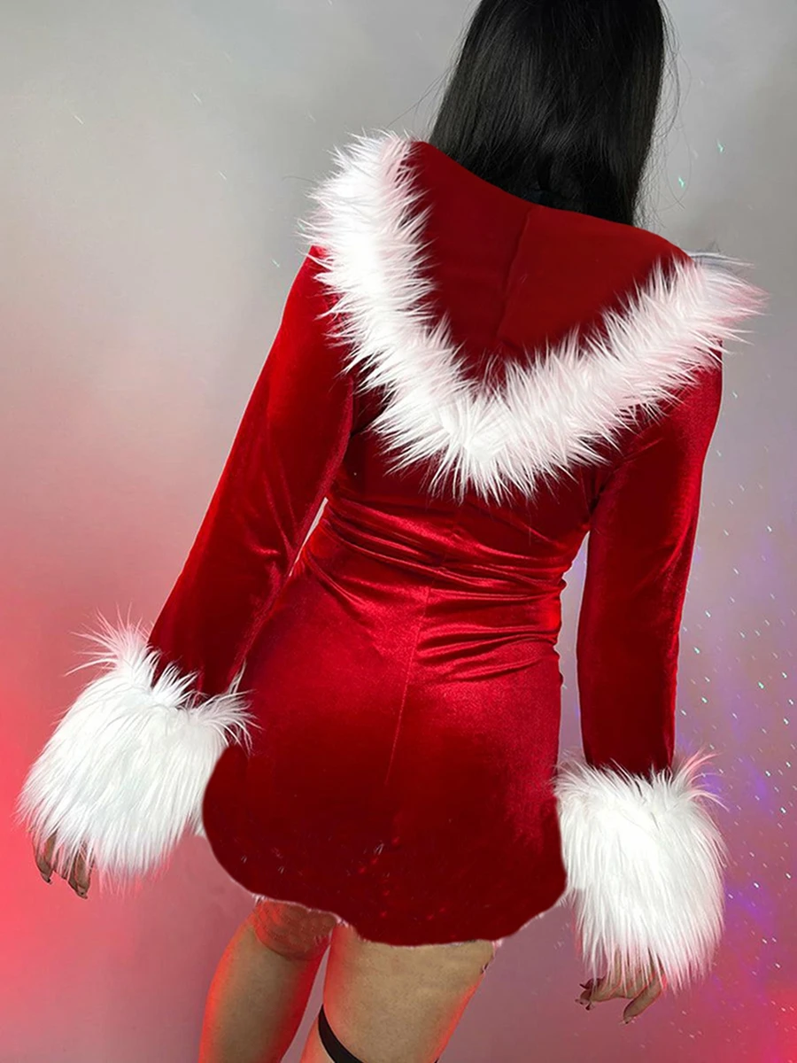 Dames Kerstkostuums Schattige Pluche Mini-Jurk Met Lange Mouwen En Capuchon Voor Cosplay Maskerade Rollenfeest Outfits