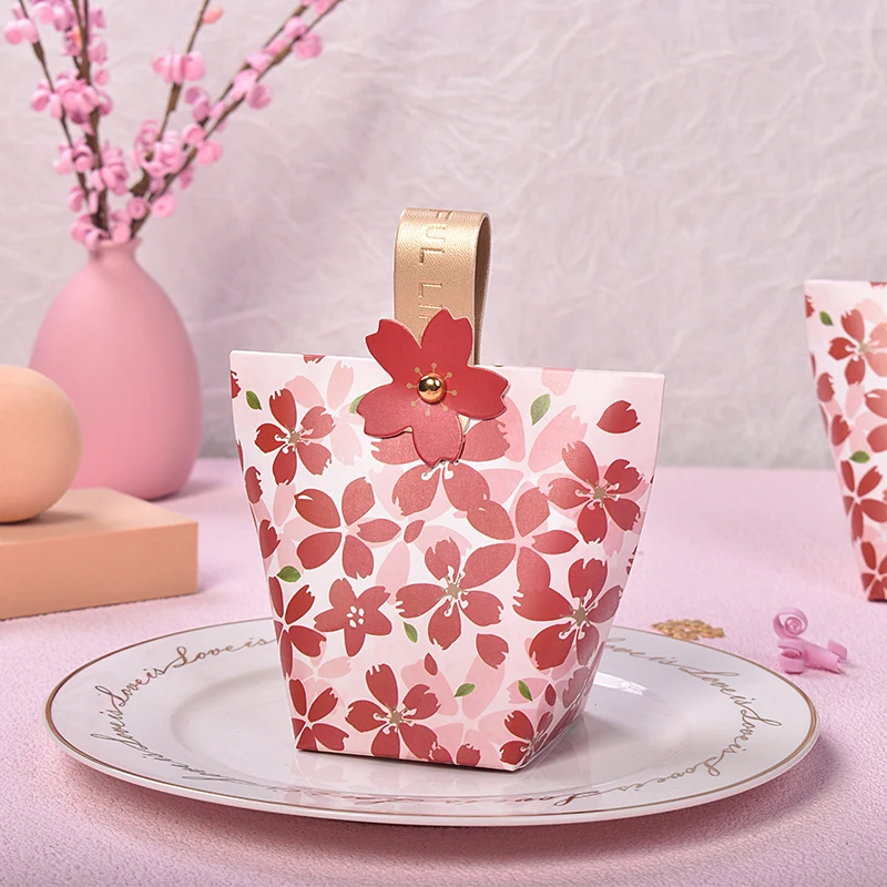 20 Pcs/Lot Creative New Leather Handle Wedding Candy Box Sweet Cherry Blossom Series Holiday Small Gift Packaging Paper Box