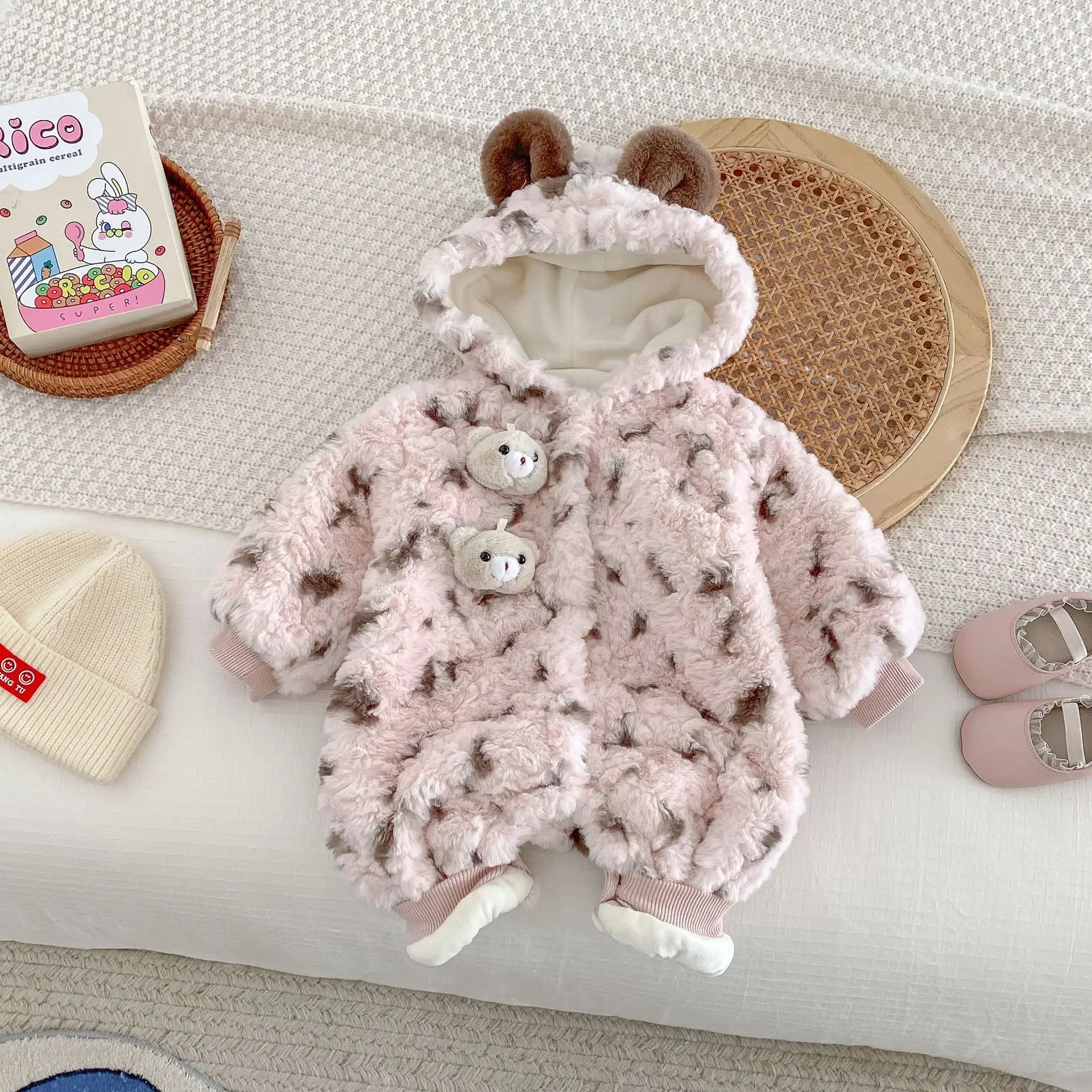 

2024 Winter New in Kids Baby Girls Boys Thicken Plush Warm Cartoon Bear Hooded Jumpsuits , Toddler Infant Outfits Romper 0-24M