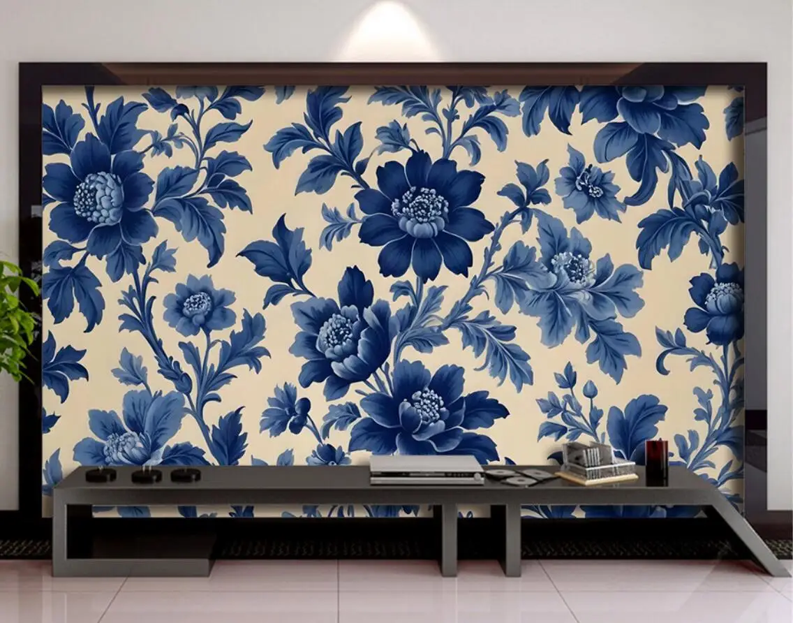 

Custom wallpaper European style oil painting Blue Flowers Children's room background Floral hotel bedroom decoration wallpaper