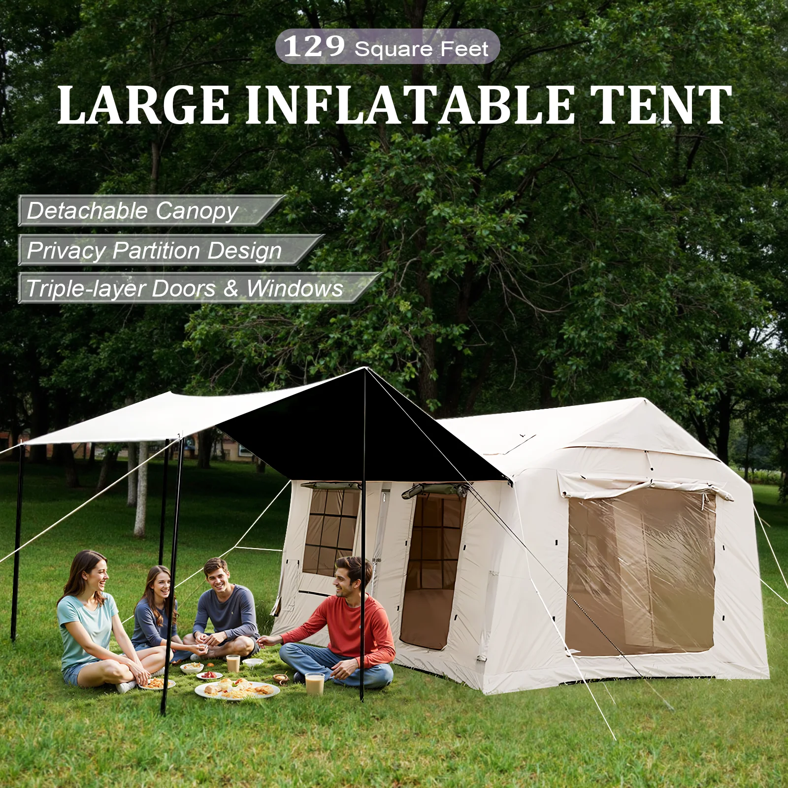 

SENLEETO Large inflatable tent with Canopy for Camping,135 SQFT Air tent ,4 Season Blow up Tent Glamping Tent waterproof