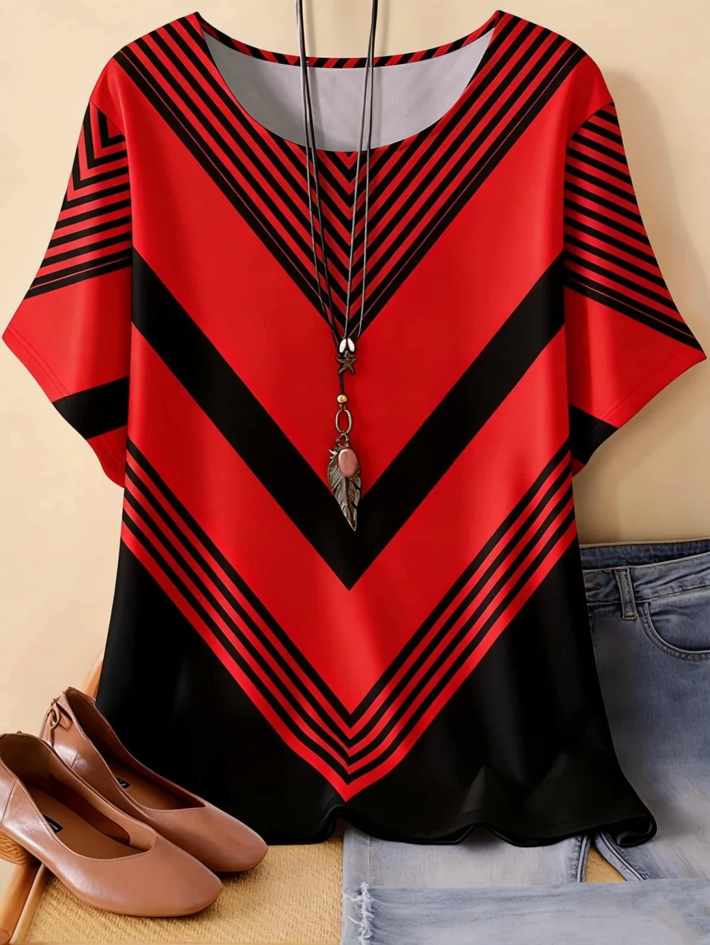 Neues Damen-T-Shirt Sommer O-Ausschnitt Übergroße Lässige Kurzarm-Shirts mit Streifenmuster Damen-Pullover-T-Shirts Damenbekleidung – Detail 5