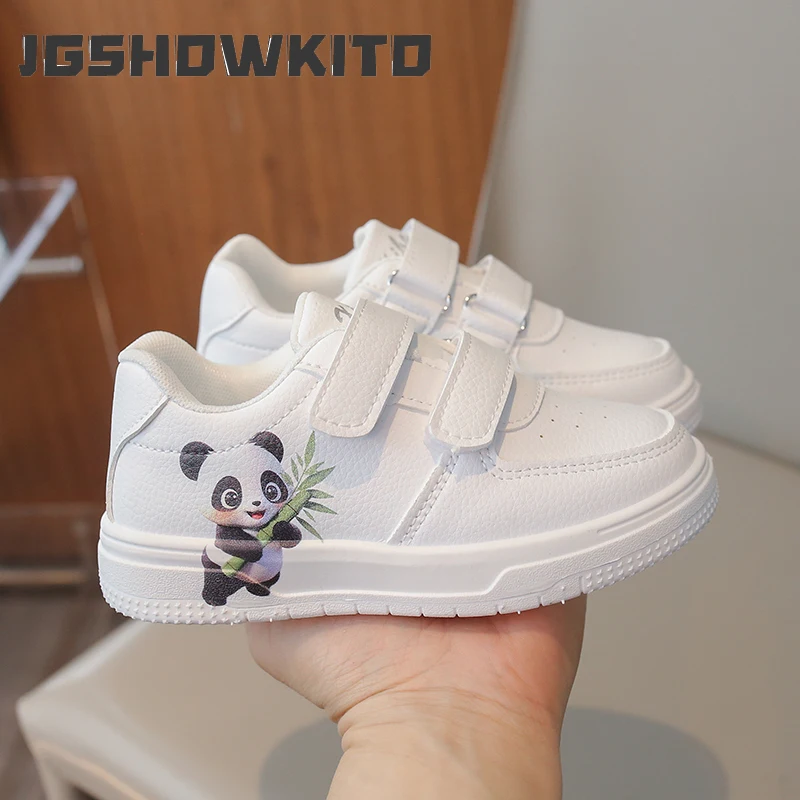 JGSHOWKITO Children White Shoes Cute Cartoon Panda Kids Casual Shoes Soft Bottom Trendy Boys Girls Sports Shoes Double Hook&loop