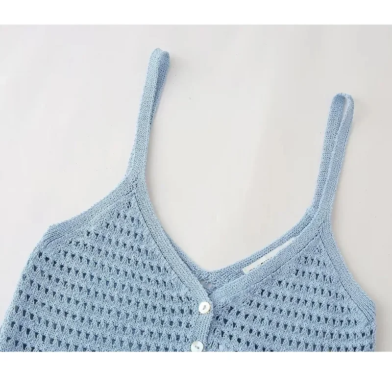 TRAF Knitted Crop Top Woman Blue Cut Out Tops With Straps Summer Backless Sexy Camisole Top Female Sleeveless Ruffle Beach Top