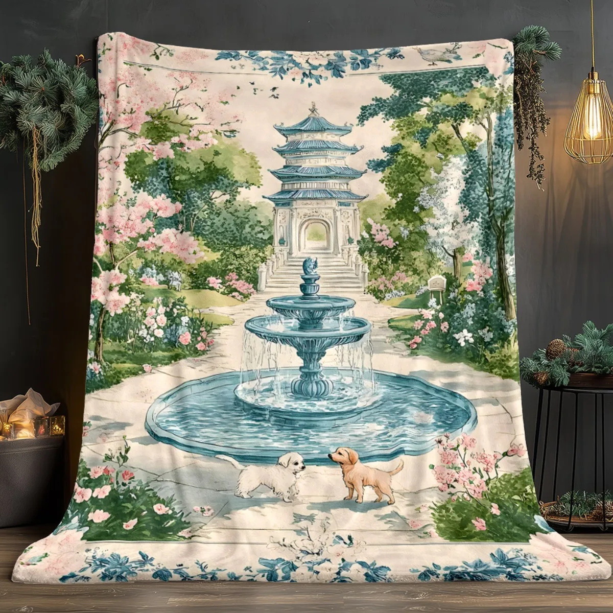 1pc Chinese Garden Pavilion Flannel Blanket Cherry Blossom Fountain Dog Scene Soft Home Decor Artistic Print Bedding Throw