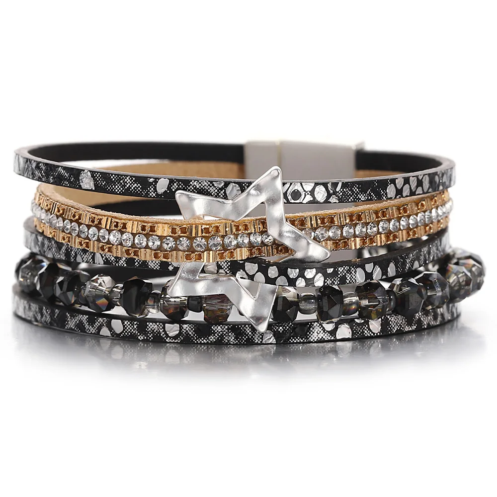 ALLYES Fashion Hollow Star Snake Skin Leather Bracelet for Women Charm Crystal Beads Chain Multilayer Wrap Bracelet Jewelry Gift