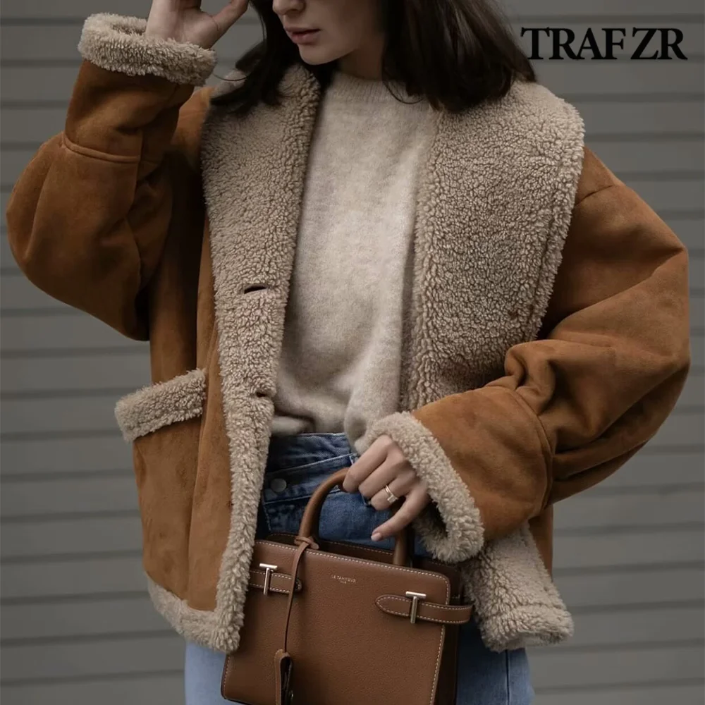 TRAF ZR Vintage Faux Fur Coat Shawl Collar Single Breasted Synthetic Leather Jackets for Women Women\'s Artificial Sheepskin Coat