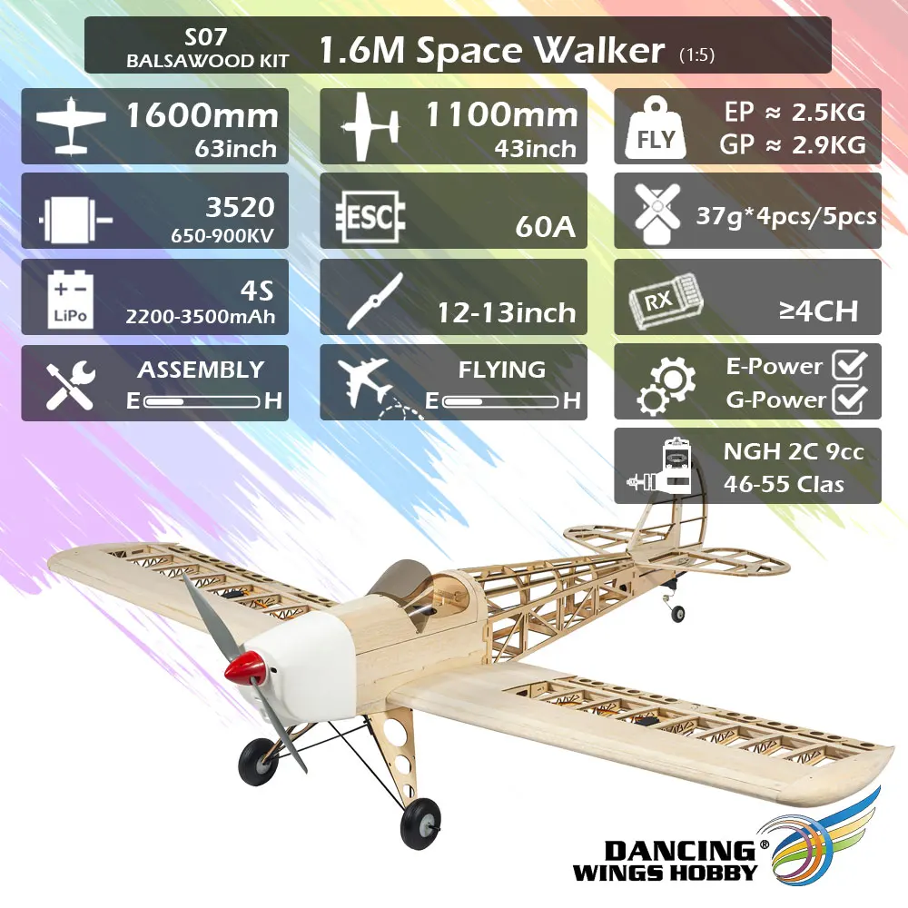 DW Hobby 1.6M Space Walker Bausatz – 63 Zoll 1:5 Maßstab Balsa Elektro-/Benzin-RC-Flugzeug S07 – Detail 4