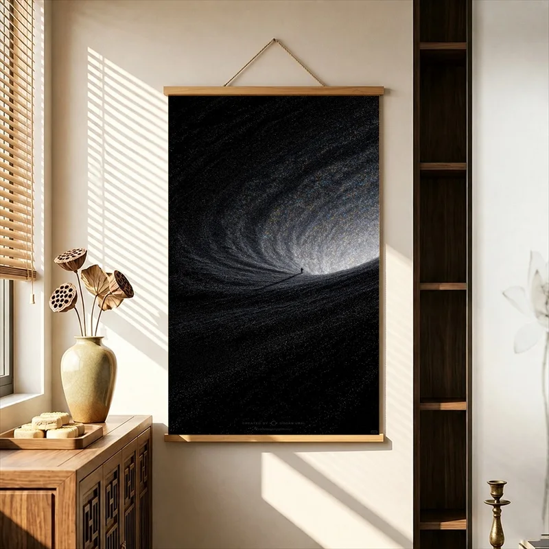 Wall Decor Black Cosmic Vortex and Curving Light Trails, Pearlescent Canvas Hanging Scroll for Creative Studio Interior Decor