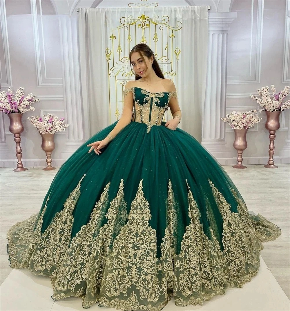 Teal Princess Quinceanera vestido de baile, Apliques de tule, Manga comprida, 16 vestidos, 15 anos mexicano