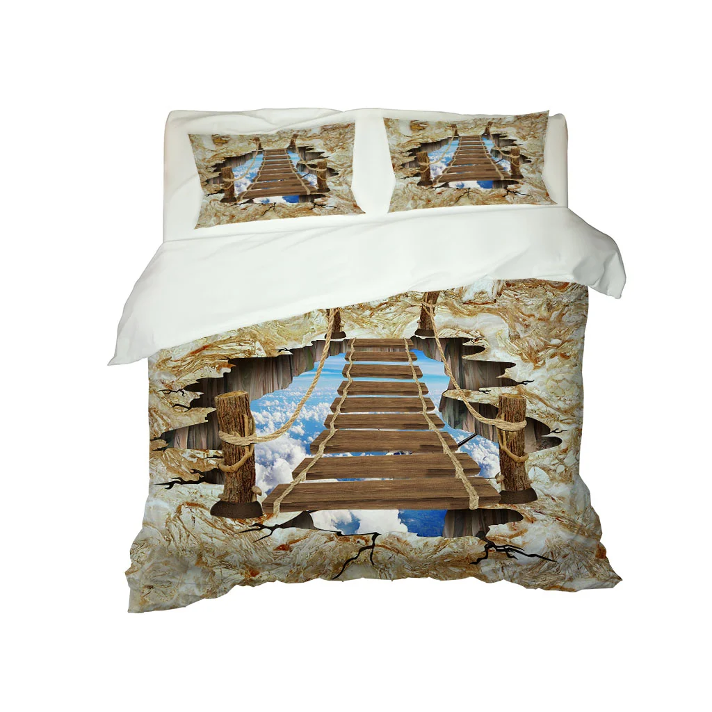 

HUANZHUANG Bedding Set Theme Fashion Duvet Cover Children'S Bedroom Gold Stairway Print Digital Printing Bed Linen Queen Size De