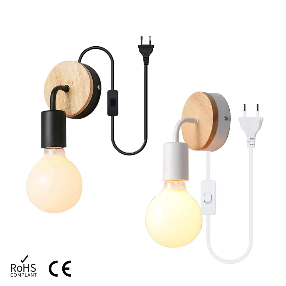 Modern Simple Iron Art Wall Light Fixture with EU Plug Wood Bedside Wall Lamp for Bedroom Living Room Stair Aisle Lighting E27