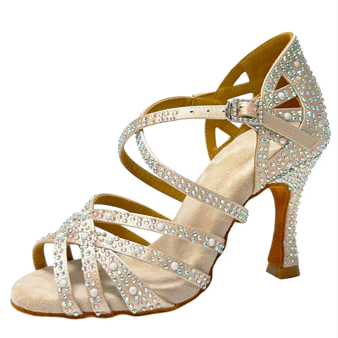 Salsa latina beige raso tacchi da ballo 9 cm tacco cubano stabile suola morbida allenamento Peal strass scarpe da ballo per ragazze
