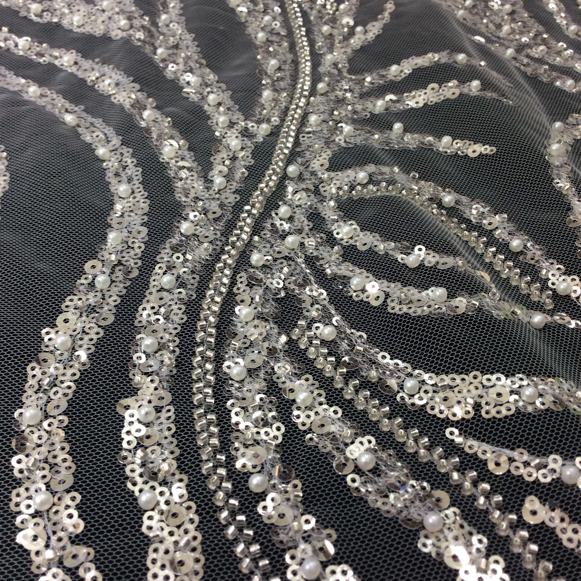 130cm Wide 1yard Sparkly Silvery Lace Fabric Beaded and Sequins Bridal Wedding Dress Gown DIY Sewing Craft Material 2024 New