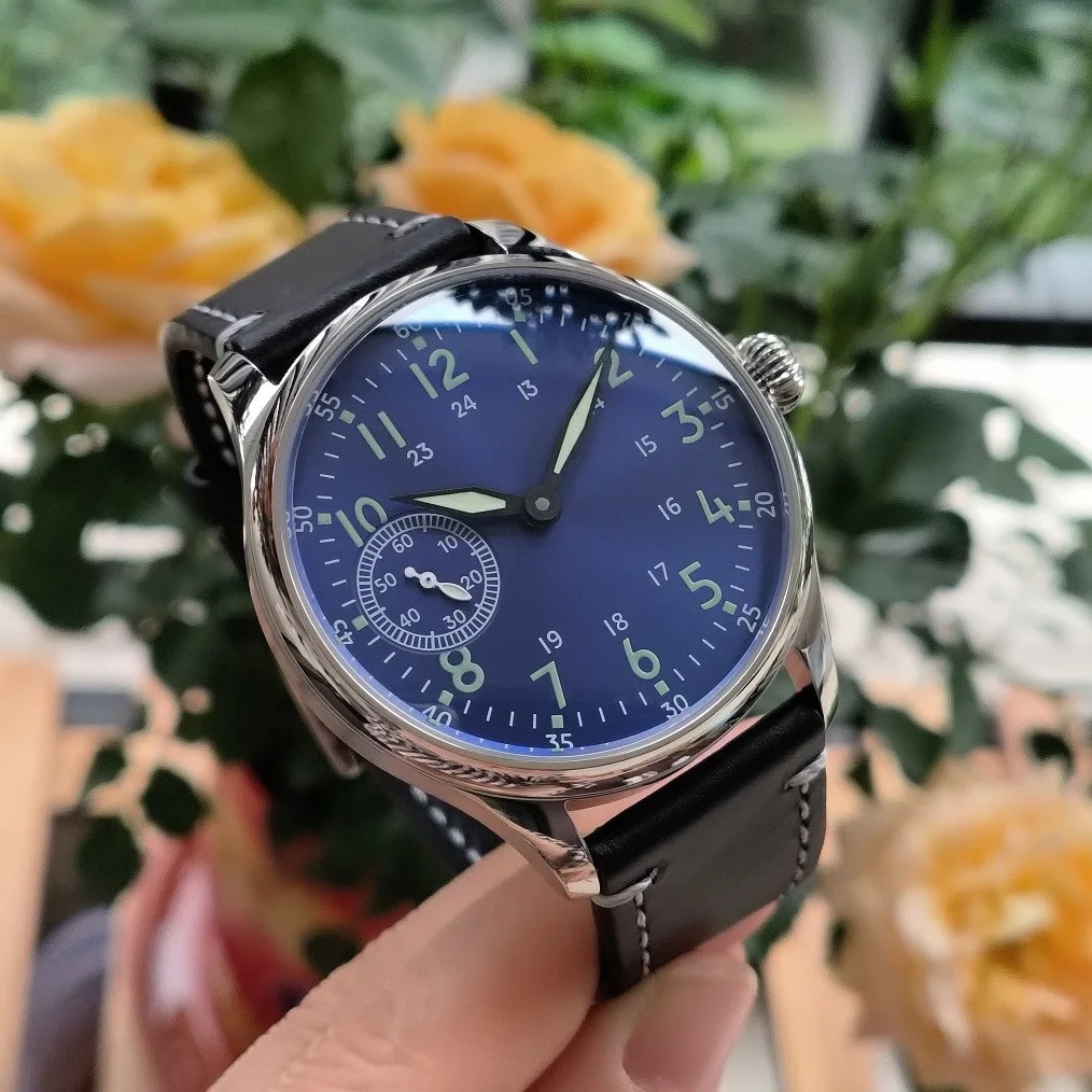 44mm Mechanical Hand Wind Men\'s watch blue dial green number Green luminous Sapphire crystal ST3600 movement